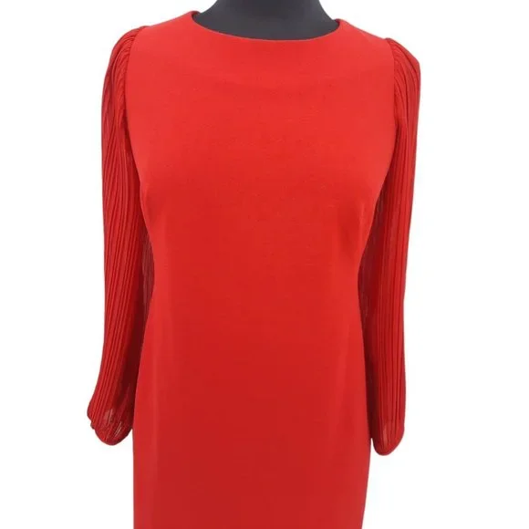 VTG 90s DR Collection Solid Red Shear Pleated Balloon Sleeve Dress Size 8 - Picture 3 of 10